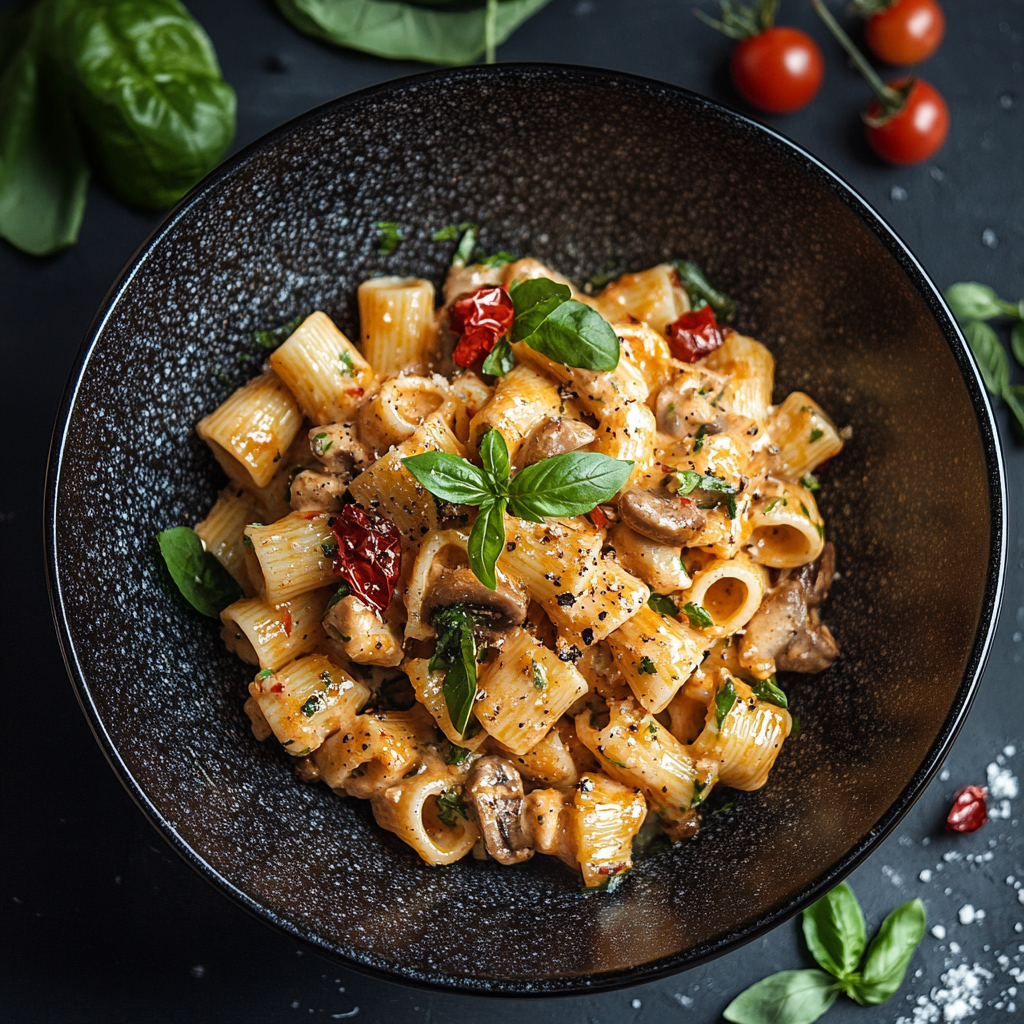 Krämig pasta med svamp och soltorkade tomater
