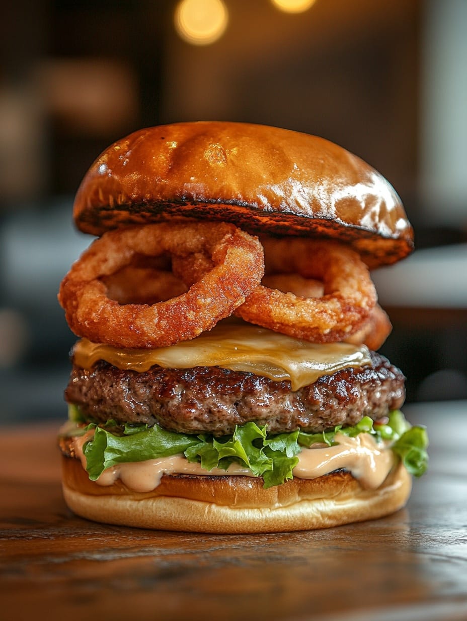 Saftig Hamburgare med Lökringar och Ost