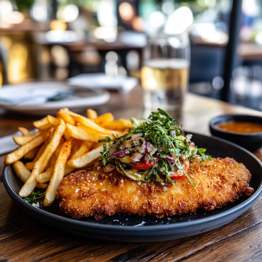 Krispig schnitzel med pommes frites och frisk grönsallad