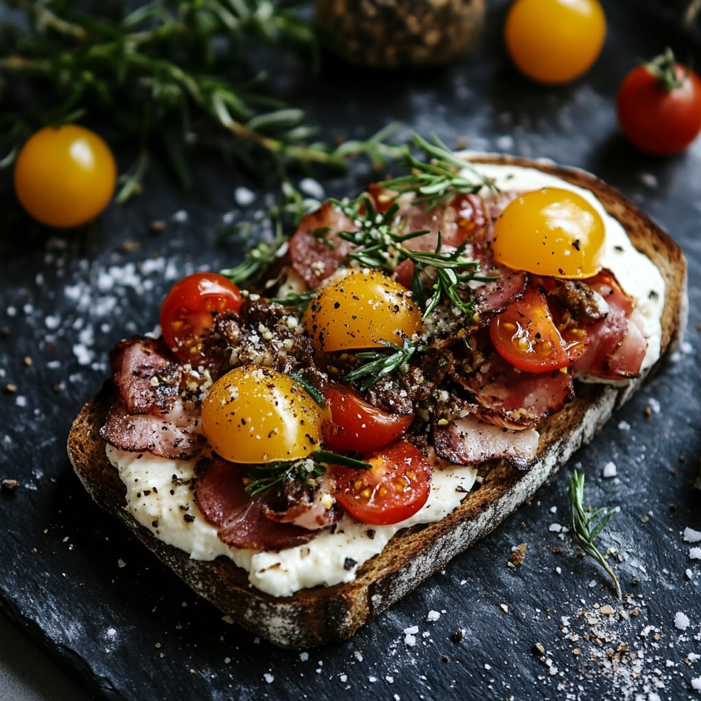 Tomat- och baconbruschetta med krämig ost och rosmarin
