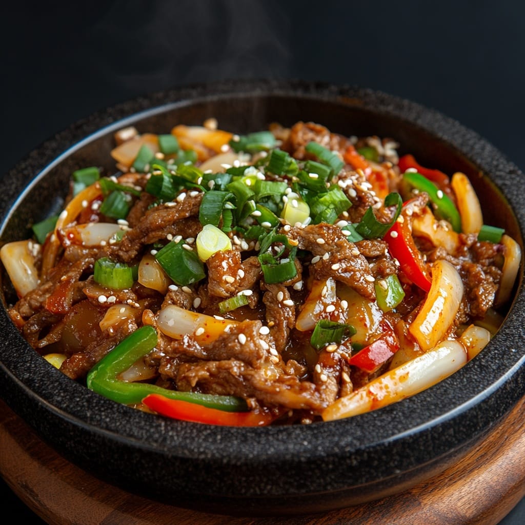 Koreansk bibimbap med nötkött och grönsaker