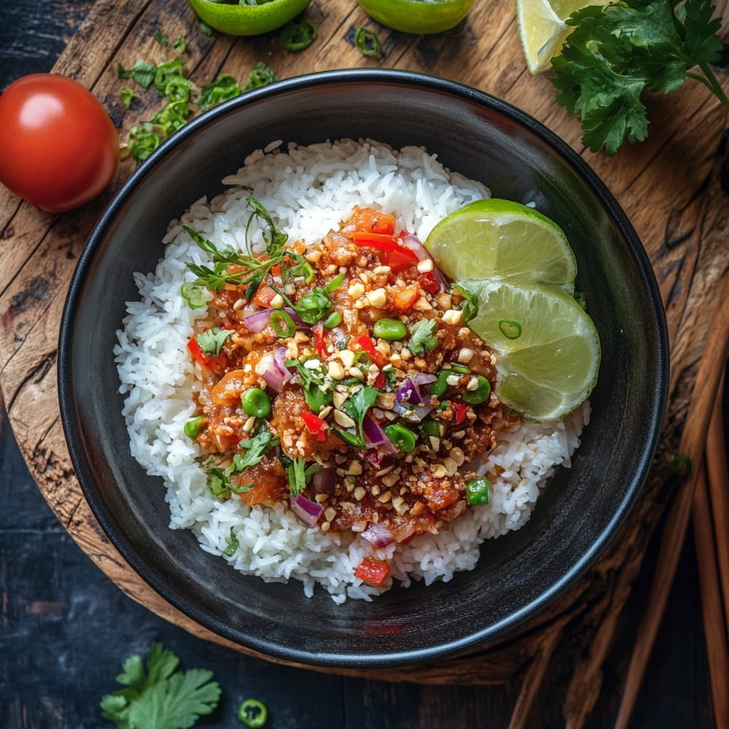 Vietnaminspirerad risbowl med jordnöts- och limekyckling