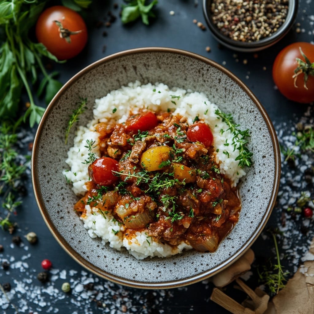 Vegetarisk gryta med tomater och ris