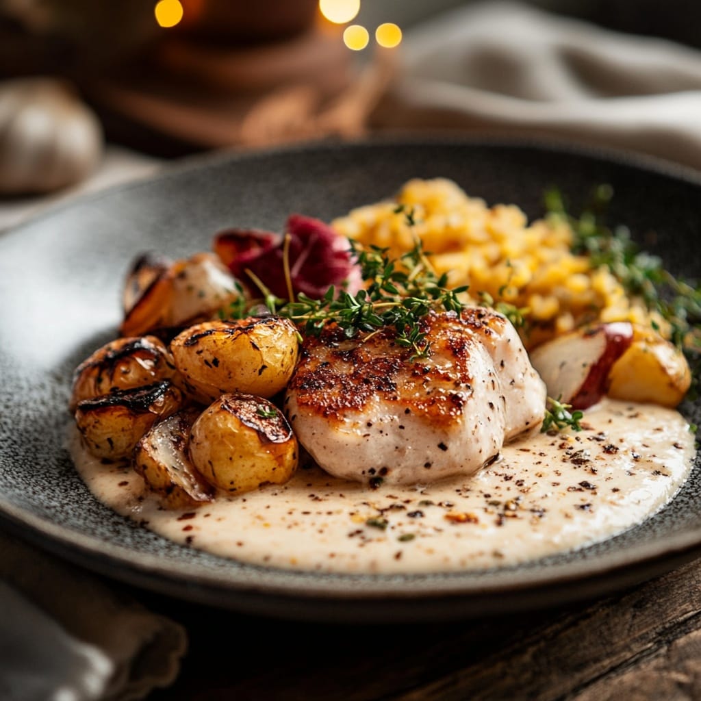 Gräddfilskyckling med rostad potatis och linssallad