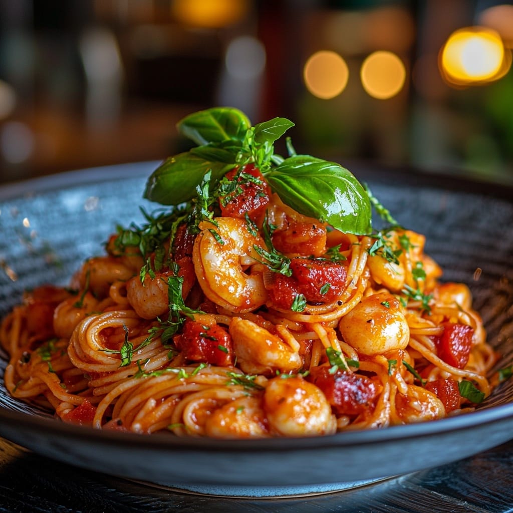 Spaghetti med räkor och tomatsås