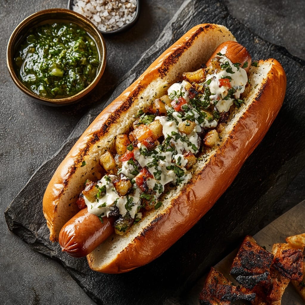 Grillad korv med chimichurri och krämig potatisfyllning