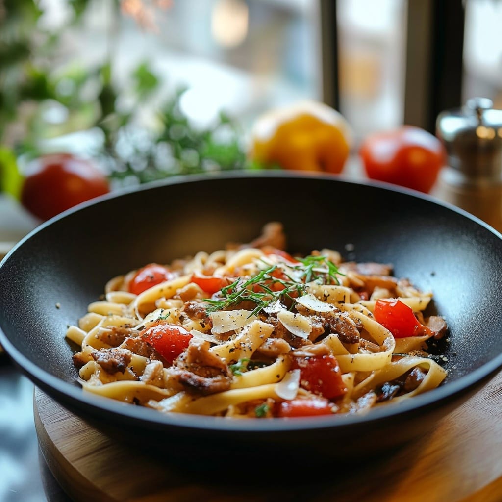 Tagliatelle med svamp och körsbärstomater