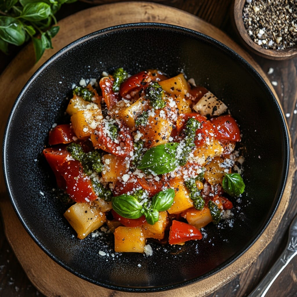 Pasta med rostad paprika och pesto