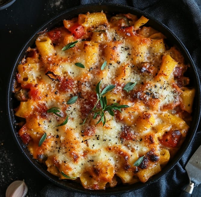 Gratinerad Rigatoni med Tomat och Mozzarella