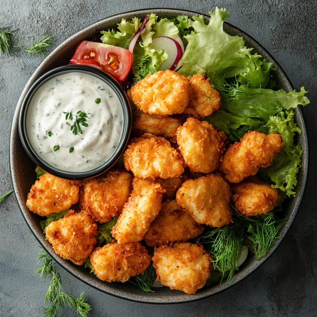 Krispig kycklingnuggets med örtsås