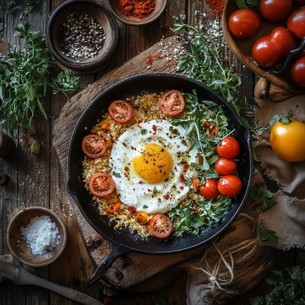 Bulgur-panna med stekt ägg och tomater