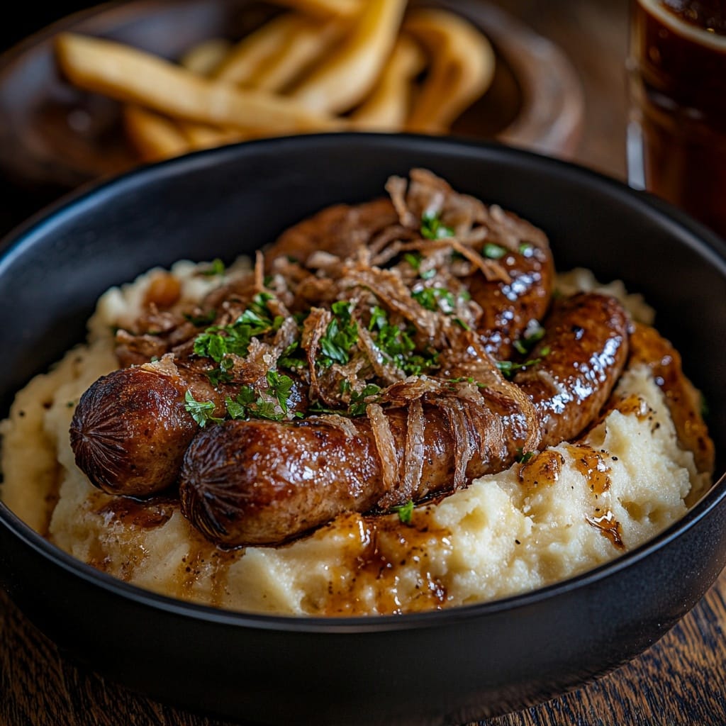 Bangers och mos med karamelliserad lök