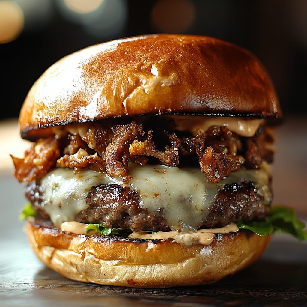 Saftig Cheeseburger med Krispigt Bacon och Rostad Bröd