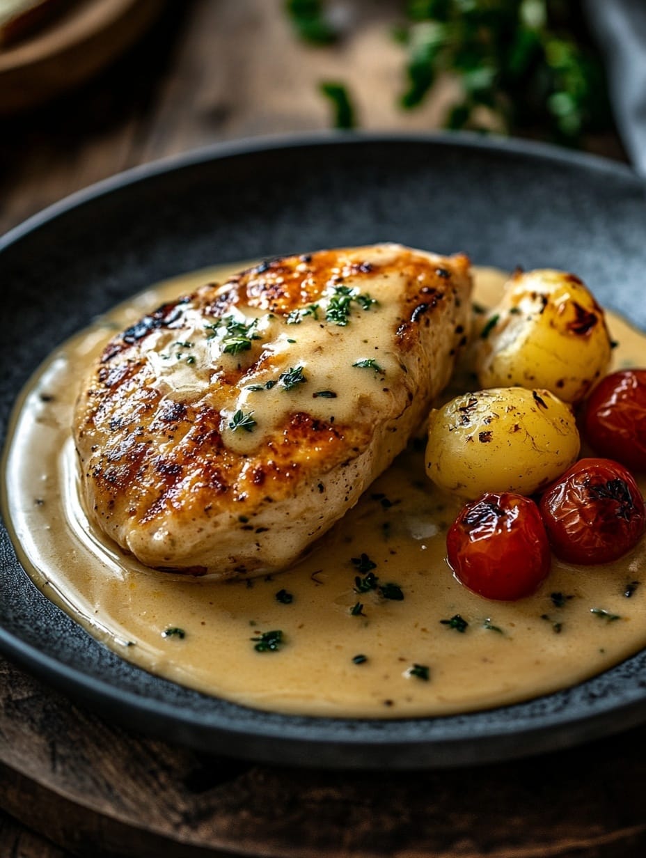 Grillad kyckling med krämig sås och rostad potatis