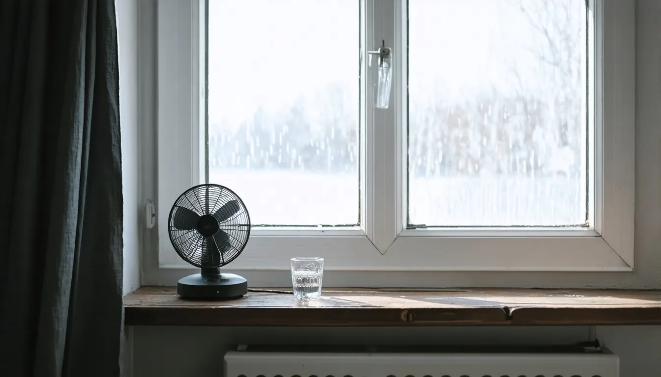 En bordsfläkt och ett halvfullt vattenglas står i ett fönster med tunn gardin, starkt solljus faller in på ett slitet trägolv.