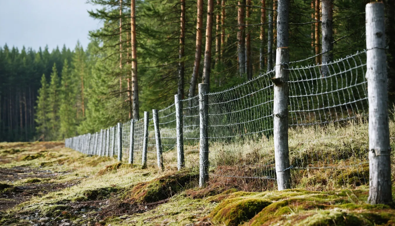 Ett nybyggt nätstängsel med enkla trästolpar löper längs en granskogskant i dämpat gråmulet ljus.