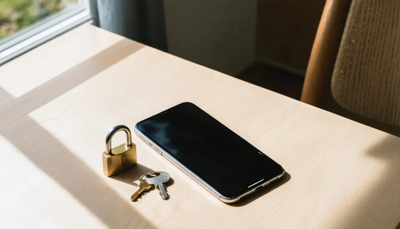 Mobiltelefon som ligger med skärmen nedåt på ett ljust träbord, bredvid ett litet olåst hänglås med nyckeln kvar, i dämpat dagsljus.