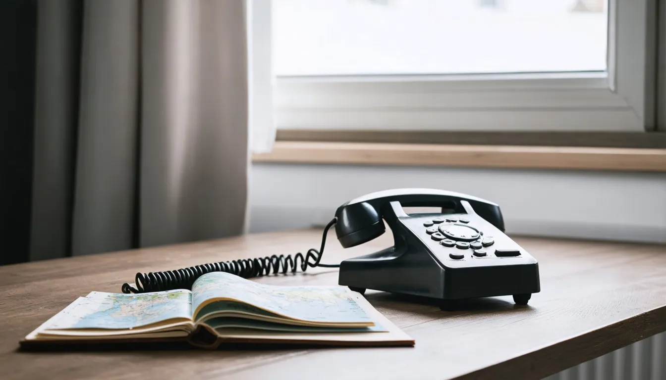 Avlyft telefonlur med spiralsladd på ett träbord, vid sidan en vikt karta och ett anteckningsblock i dämpat gråtonat dagsljus.