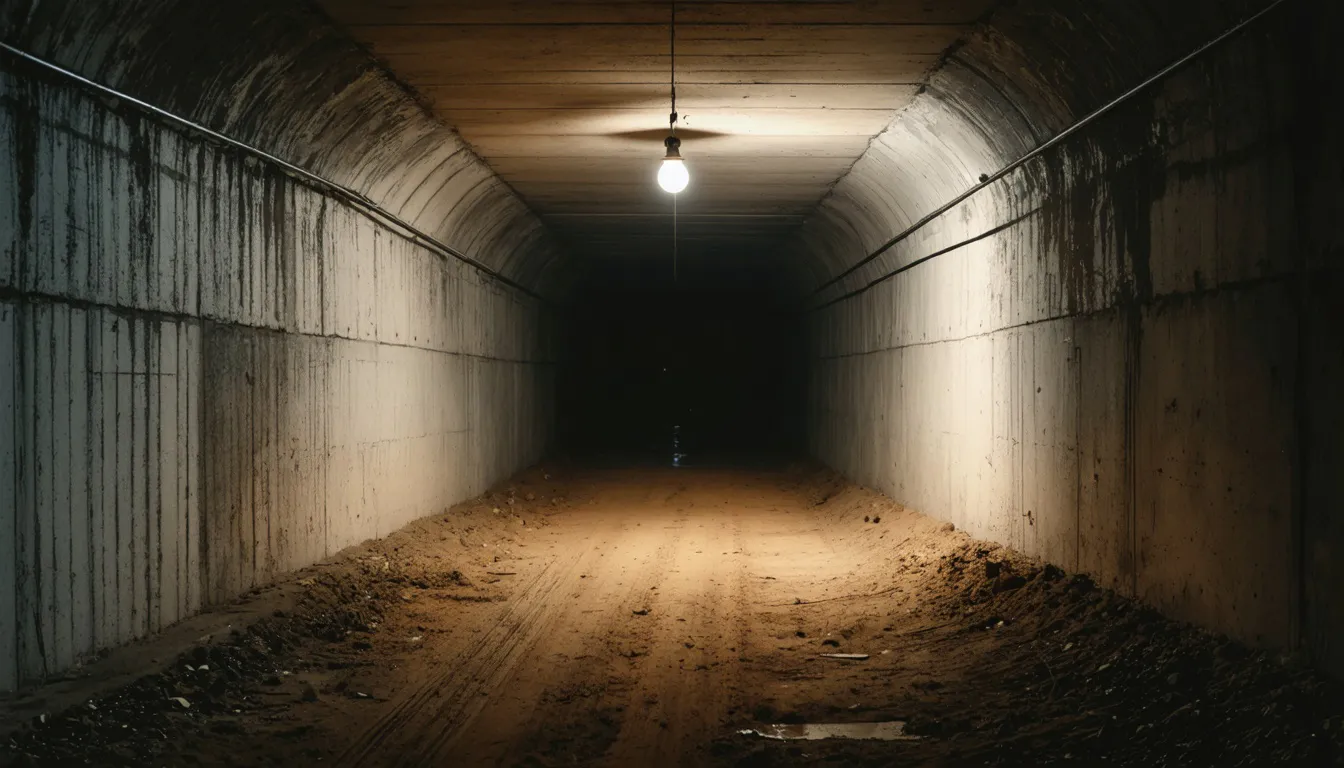 Smal handgrävd tunnel med jordväggar, trästöttor och en ensam lampa som lyser upp den tomma gången.