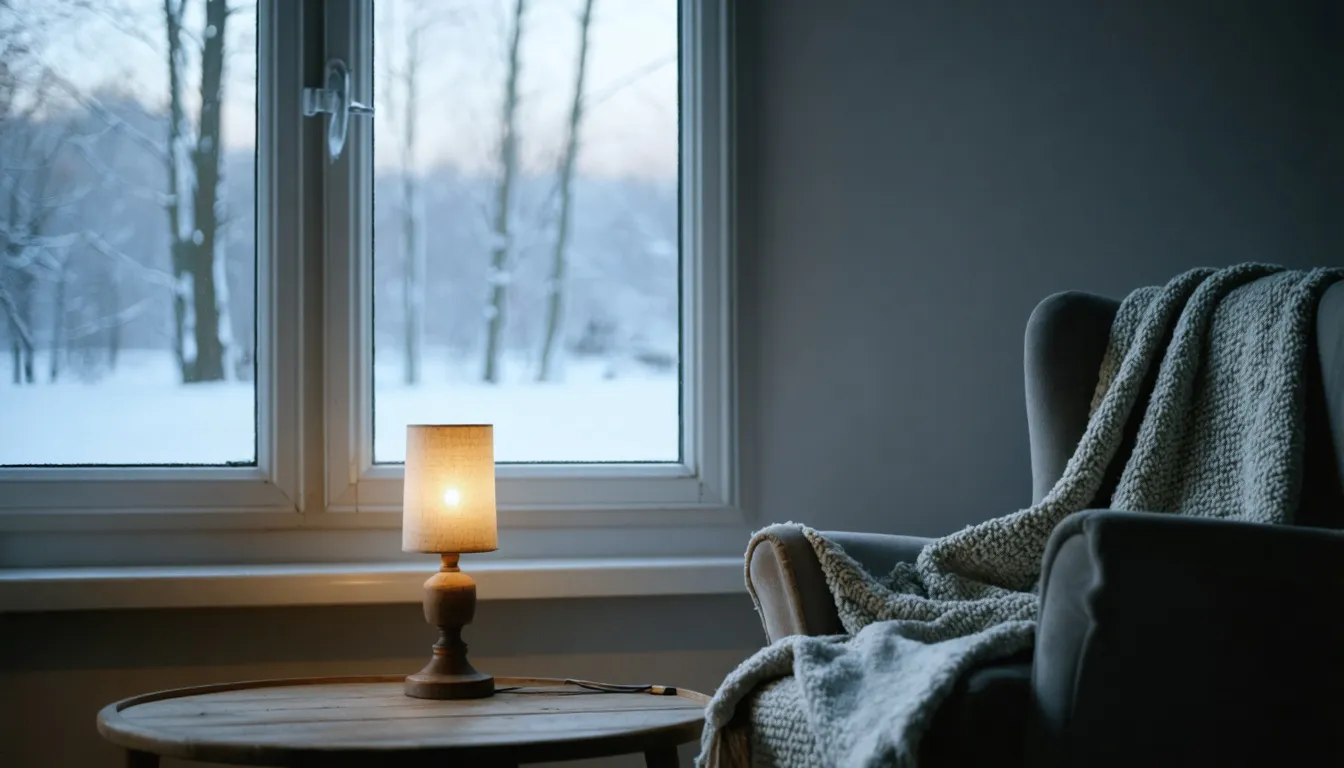 Tänd bordslampa på ett träbord i ett dunkelt rum, en stickad pläd över fåtöljen och kallt vinterljus genom fönstret.