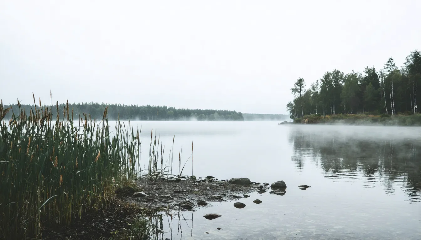 Grå, stilla vattenyta vid en vassbevuxen strandkant med blöta stenar och gräs, dimma över trädlinjen i bakgrunden.