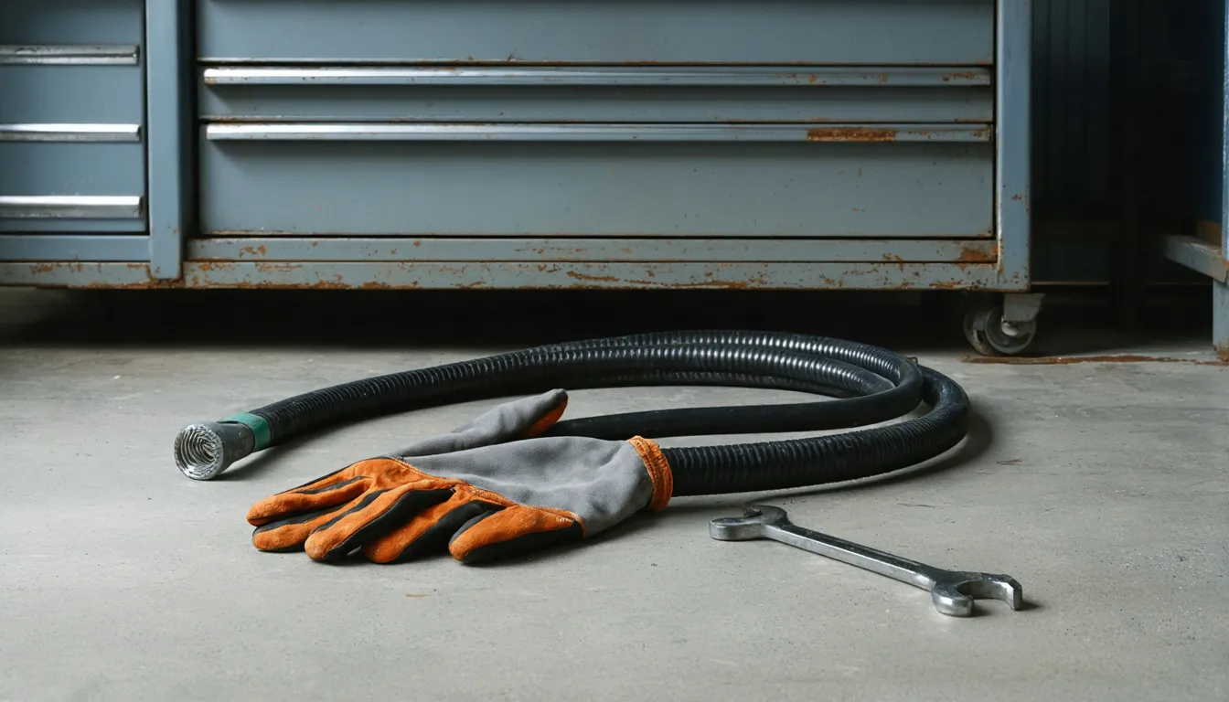 Slitna arbetshandskar och en skiftnyckel ligger på en stängd verktygsvagn i en tom, gråljus verkstad.