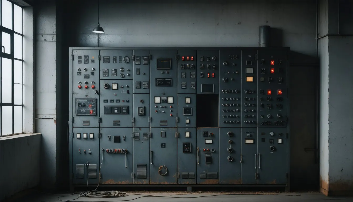 Gammal industriell kontrollpanel med mörka, oupplysta lampor och metallvred i dunkelt dagsljus.