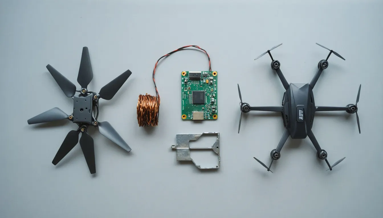Små drönarpropellrar, ett kretskort, tunn kabel och en liten linsdetalj ligger på en grå verkstadsbänk i mjukt dagsljus.