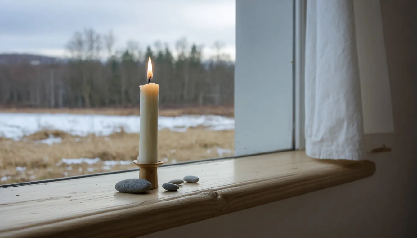 Ett enda tänt ljus står på en avskalad träfönsterbräda i mjukt grått dagsljus.