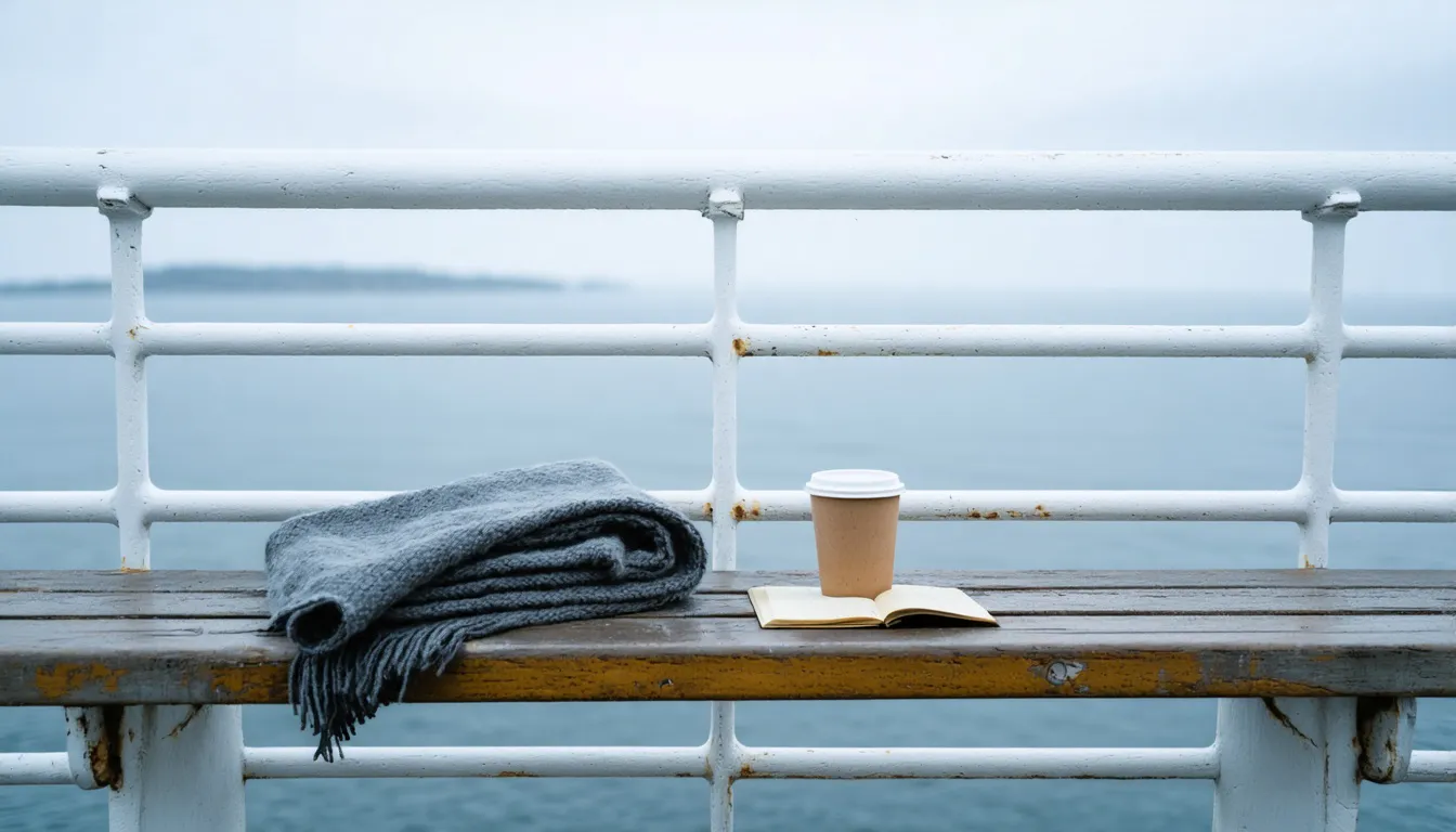 Hopvikt grå filt, kaffemugg och ett litet stängt häfte på en trärbänk vid ett räcke, med grådaskigt hav bakom.