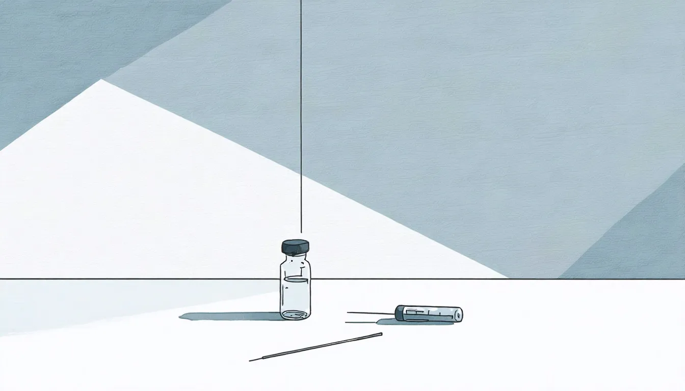 Grafisk illustration där en tunn linje stiger steglikt uppåt ovanför en liten glasvial och en nål på ett bord i dämpat dagsljus.