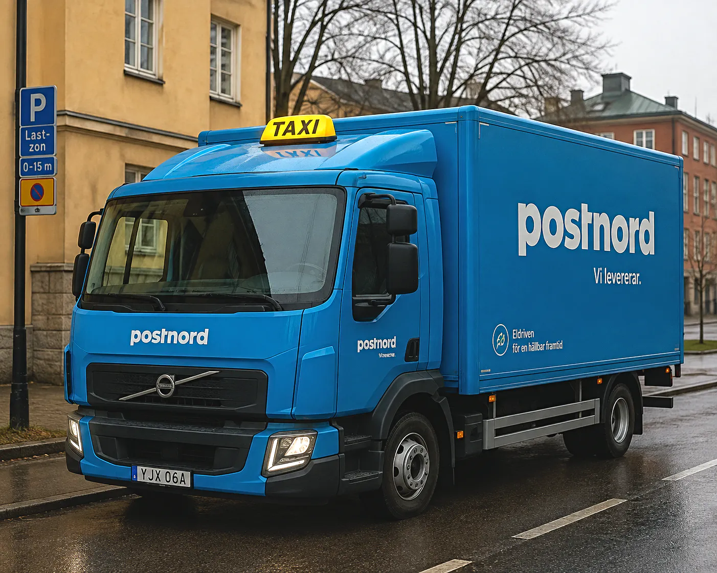 Postnordlastbil med en taxiskylt