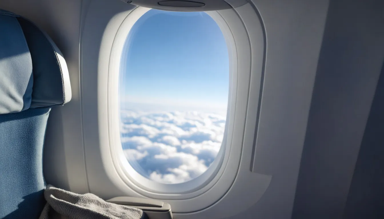 Ovalt flygplansfönster inifrån, blekt dagsljus, moln långt nedanför och en vikt grå filt på ett tomt armstöd.