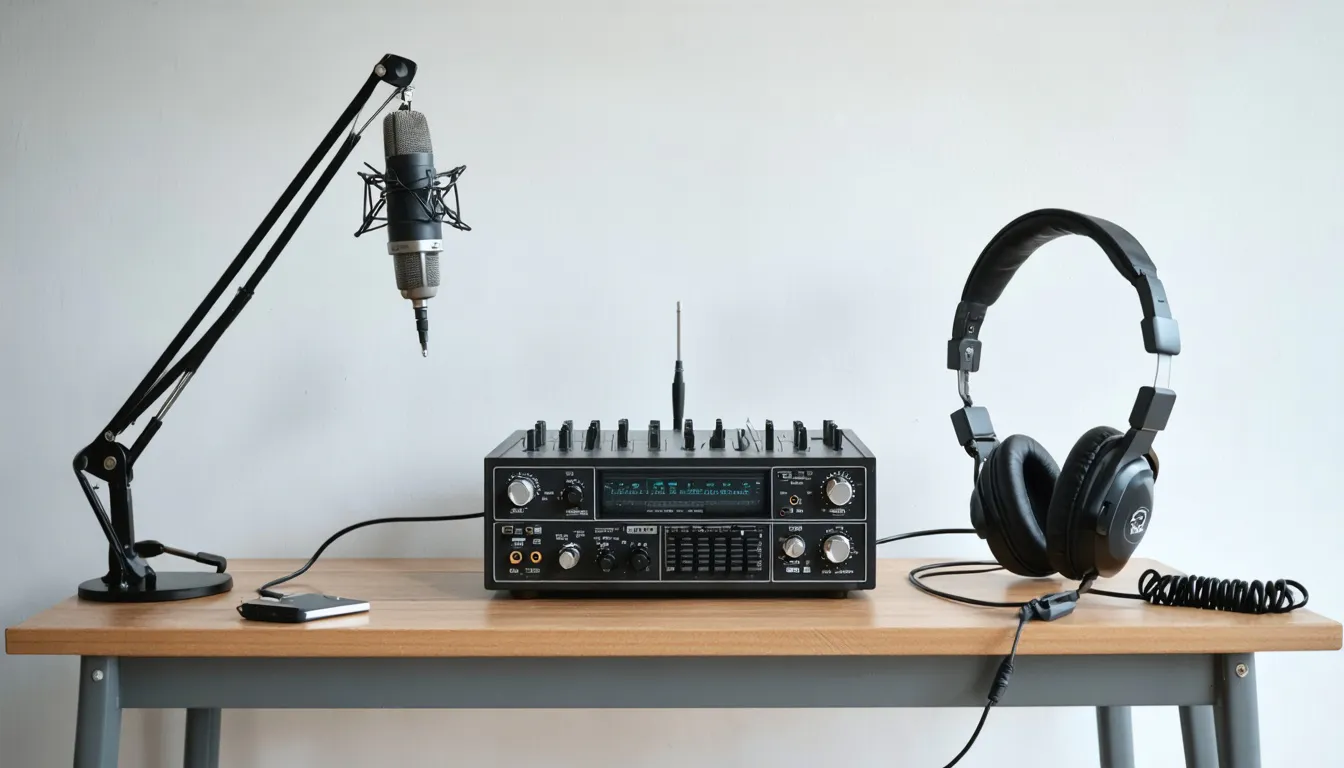 En studiomikrofon på bomarm, hörlurar och ett mixerbord med reglage på ett grått skrivbord i mjukt sidoljus.