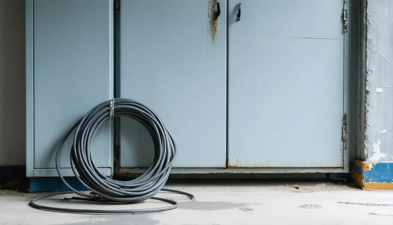 Grov grå elkabel i ring på ett betonggolv vid ett stålskåp, svagt dagsljus från ett högt fönster.