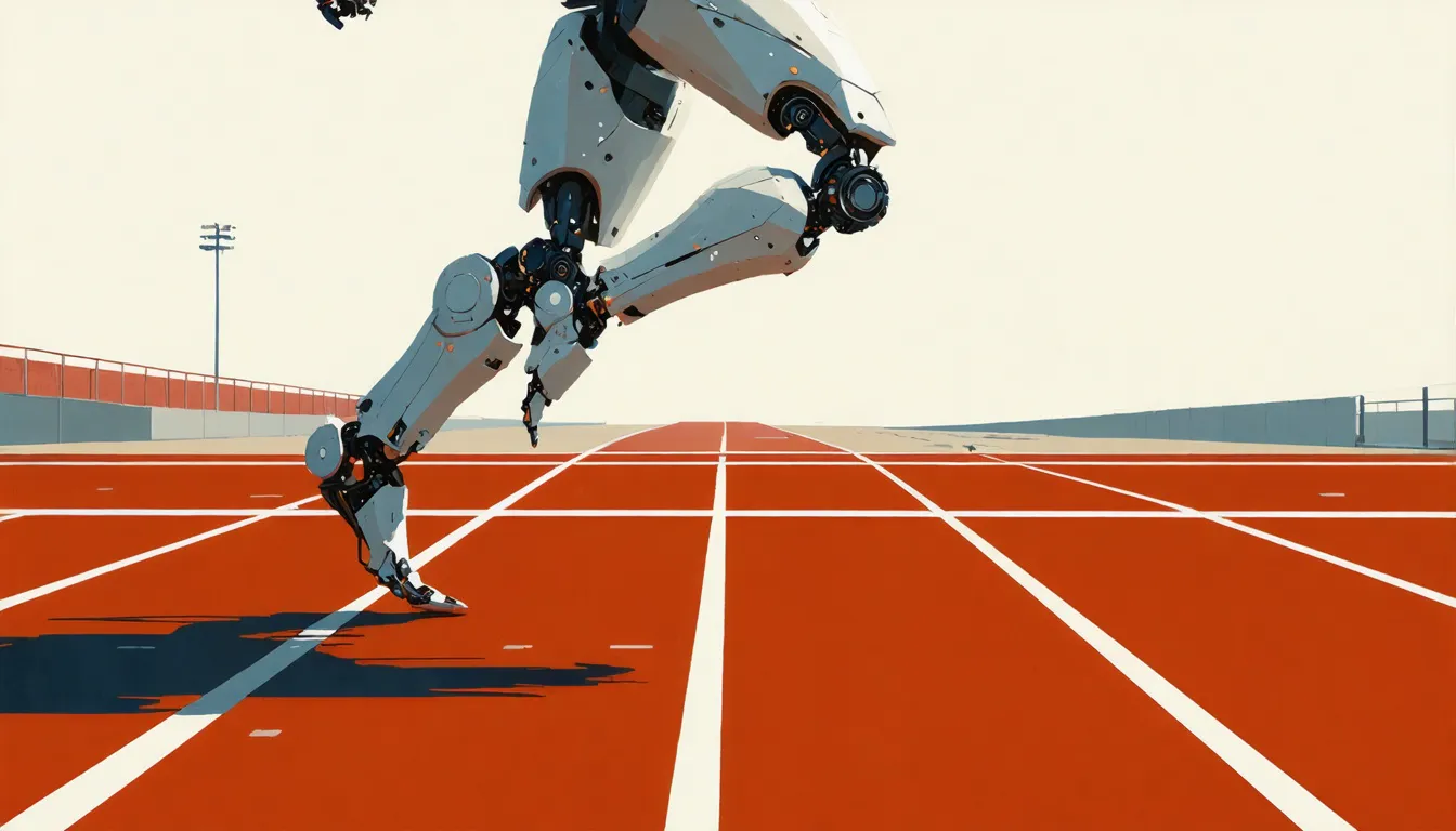Grafisk illustration av ett metalliskt robotben mitt i ett löpsteg på en rödbrun löparbana med antydda vita banlinjer.