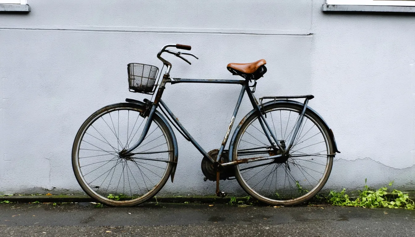 En äldre cykel med nött sadel och rostig kedja står lutad mot en grå betongvägg på fuktig asfalt.