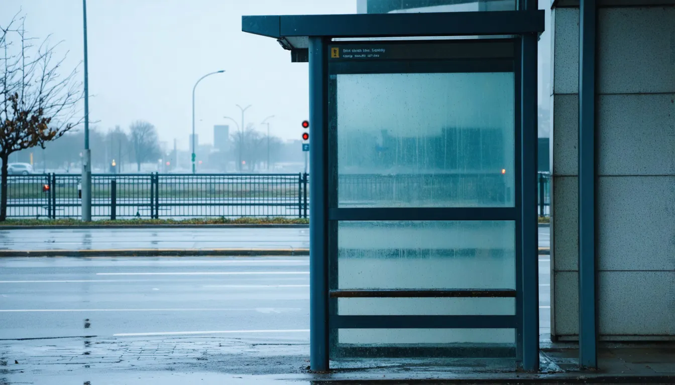Tom busskur av glas och metall vid en blöt trottoar, utan människor eller fordon, i grått dagsljus.