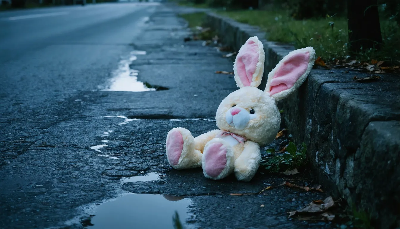 Plyschöron från en kanindräkt ligger på våt asfalt vid en trottoarkant i sken från en gatlykta.