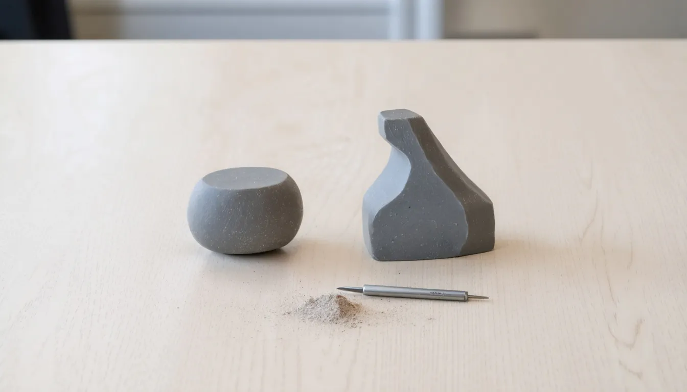 Två gråa 3D-utskrivna figurer på ett ljust träbord i dagsljus, den ena slät och den andra sprucken med synliga utskriftslager, intill ett skjutmått.