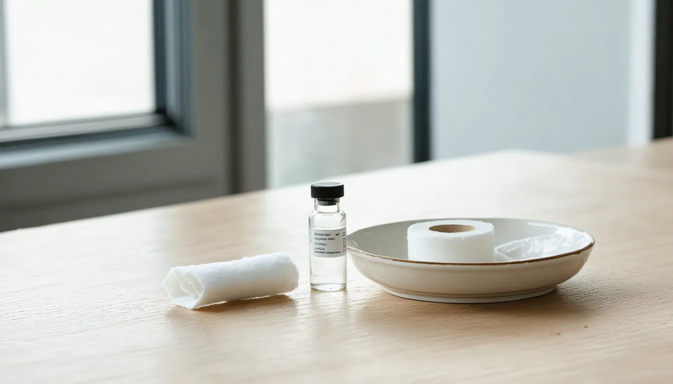 Ett stilleben med en ampull av glas, en vikt kompress och en metallbricka på ett ljust träbord i mjukt fönsterljus.