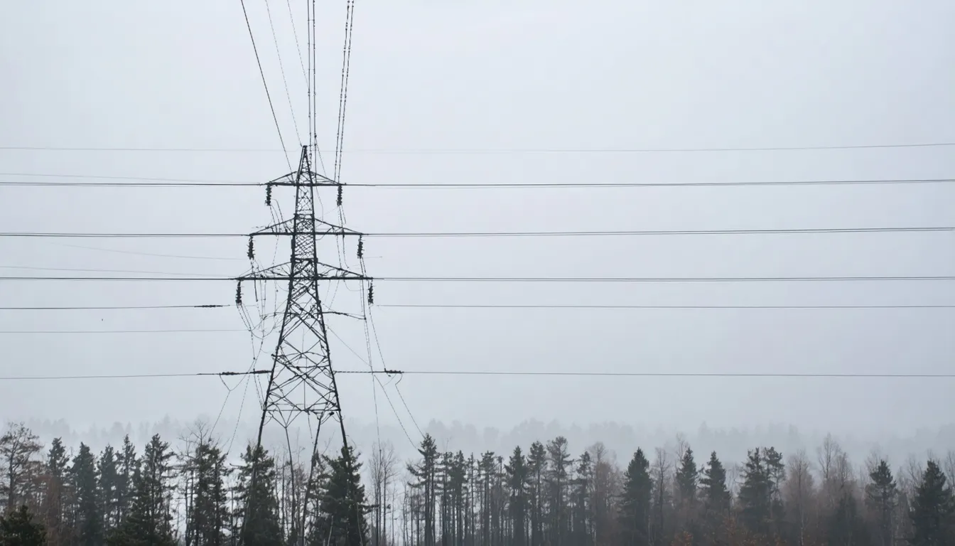 Högspänningsledningar och en kraftledningsstolpe syns över kala trädtoppar i en dimmig skog under grå himmel.