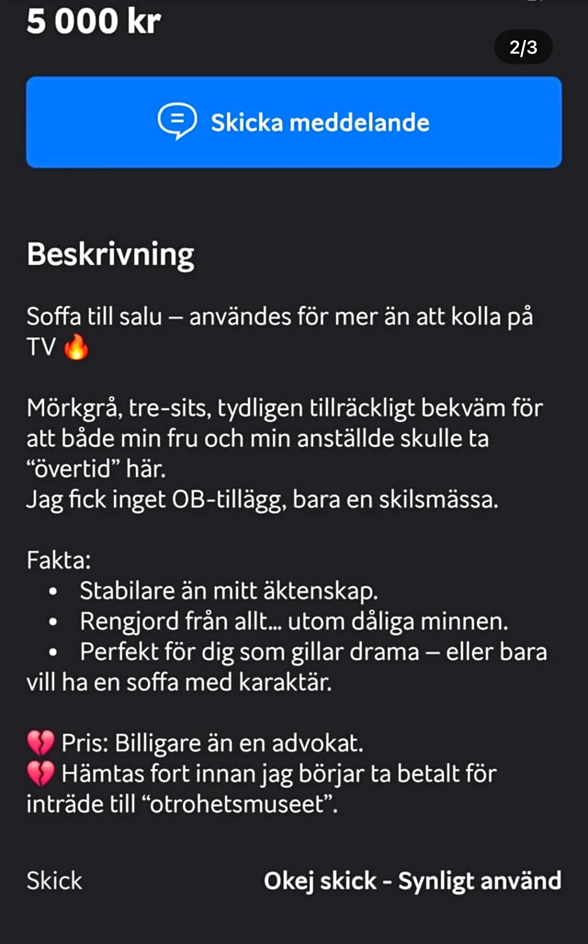 Skärmdump av annons i mörkt läge där en mörkgrå tre-sitssoffa säljs för 5 000 kr med text om fruns otrohet och skilsmässa.