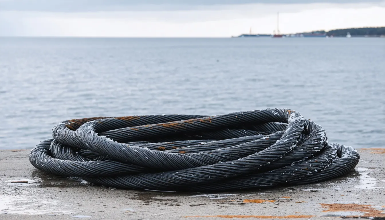 Mörk undervattenskabel i en tjock rulle på en fuktig betongkaj med grå havshorisont bakom.
