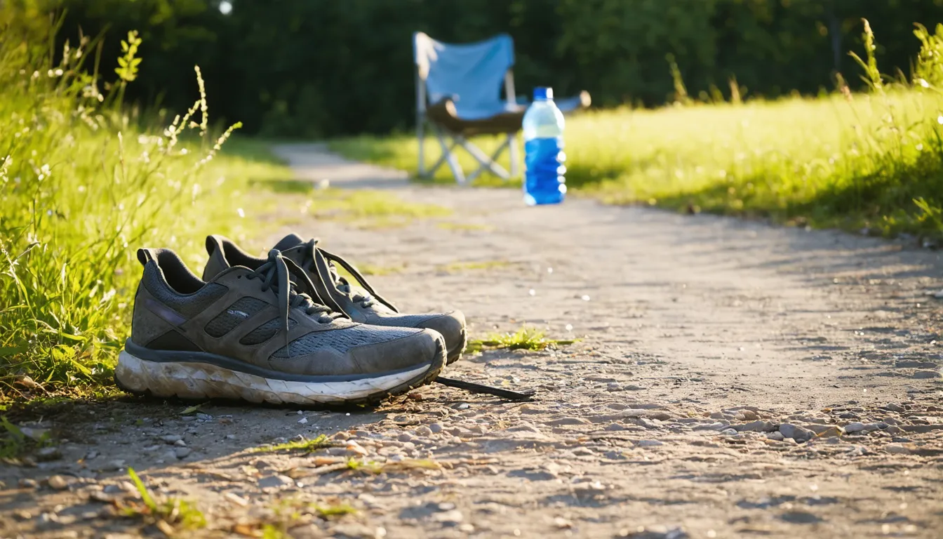 Slitna löparskor med lösa skosnören står på en grusväg intill en gräsplan, längre bort en campingstol och en vattenflaska i morgonljus.