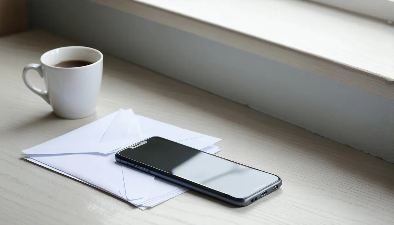 Avstängd mobiltelefon ligger med skärmen nedåt intill en stapel oöppnade kuvert och en kaffekopp på ett ljust köksbord i dämpat dagsljus.