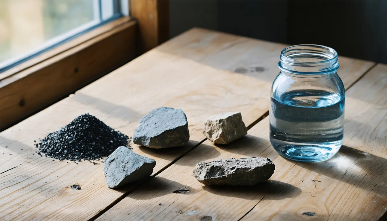 Gråa stenprover med glittrande mineralkorn ligger intill en glasburk med klart vatten på ett slitet träbord i dämpat dagsljus.