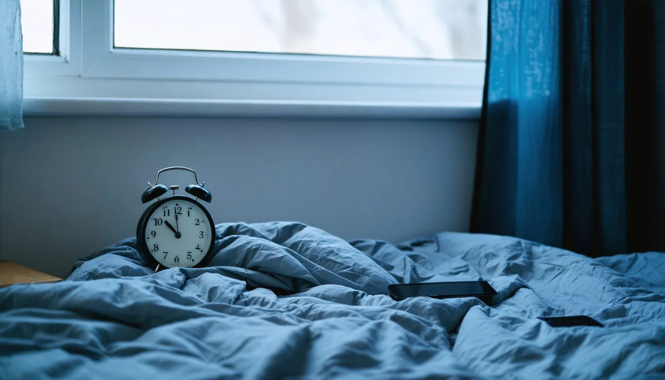 Obäddad säng i ett ungdomsrum i svagt morgonljus, med en väckarklocka och en mobiltelefon på nattduksbordet.