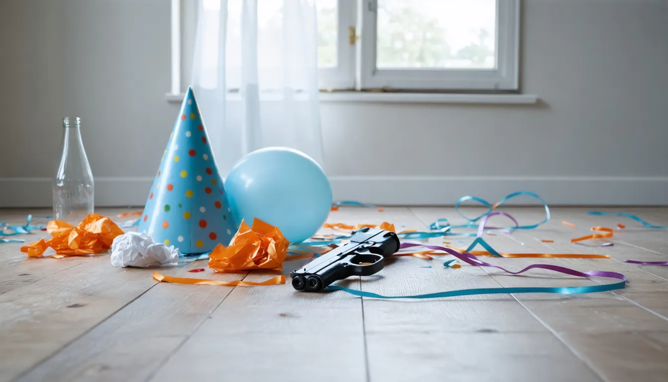 Leksakspistol i plast ligger på ett parkettgolv intill en skrynklig partyhatt, en halvtömd ballong och en tom flaska i dämpat dagsljus.