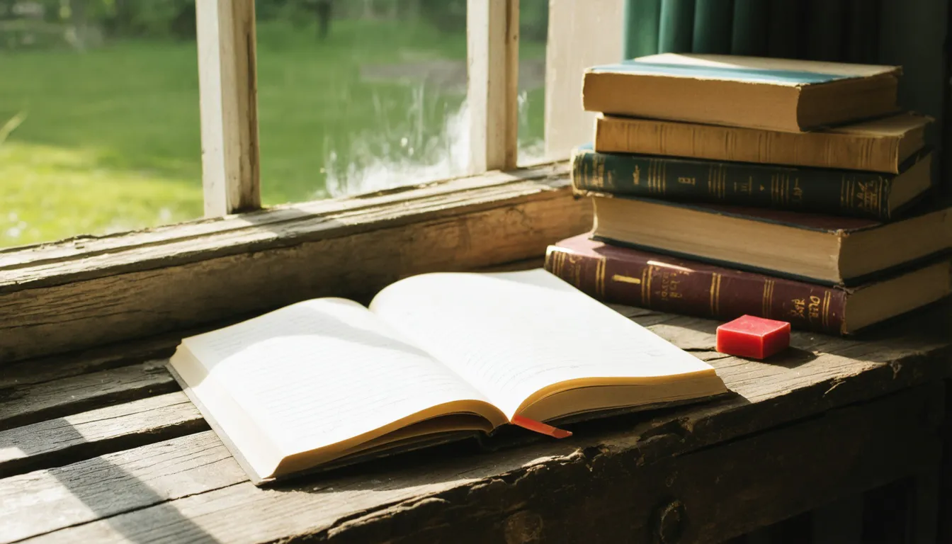 Skolbänk av trä vid ett fönster med öppen tom skrivbok, blyertspenna och en stapel böcker i dämpat dagsljus.